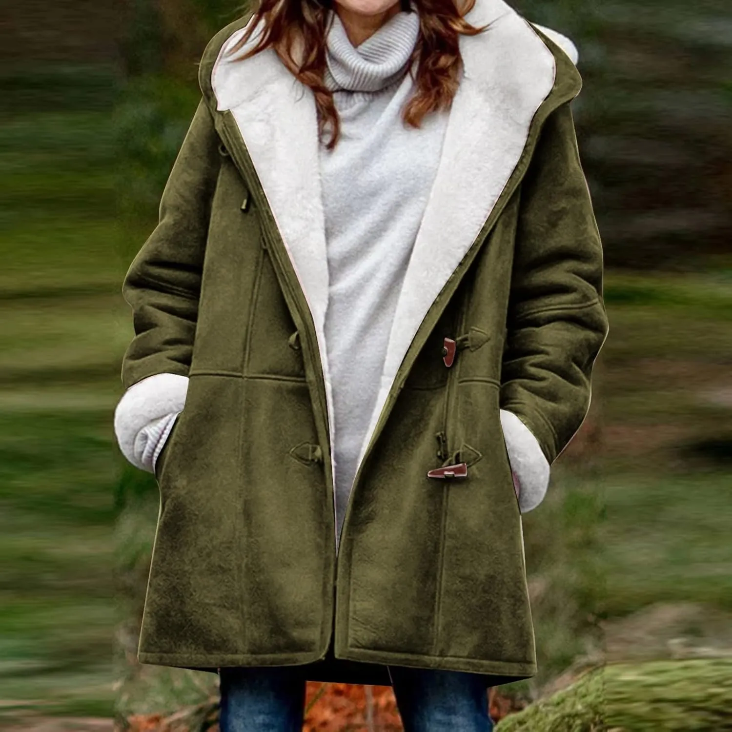 Winter Jackets for Women Warm Sherpa Fleece Lined Distressed Jackets Hooded Parka Faux Suede Pea Coat Outerwear