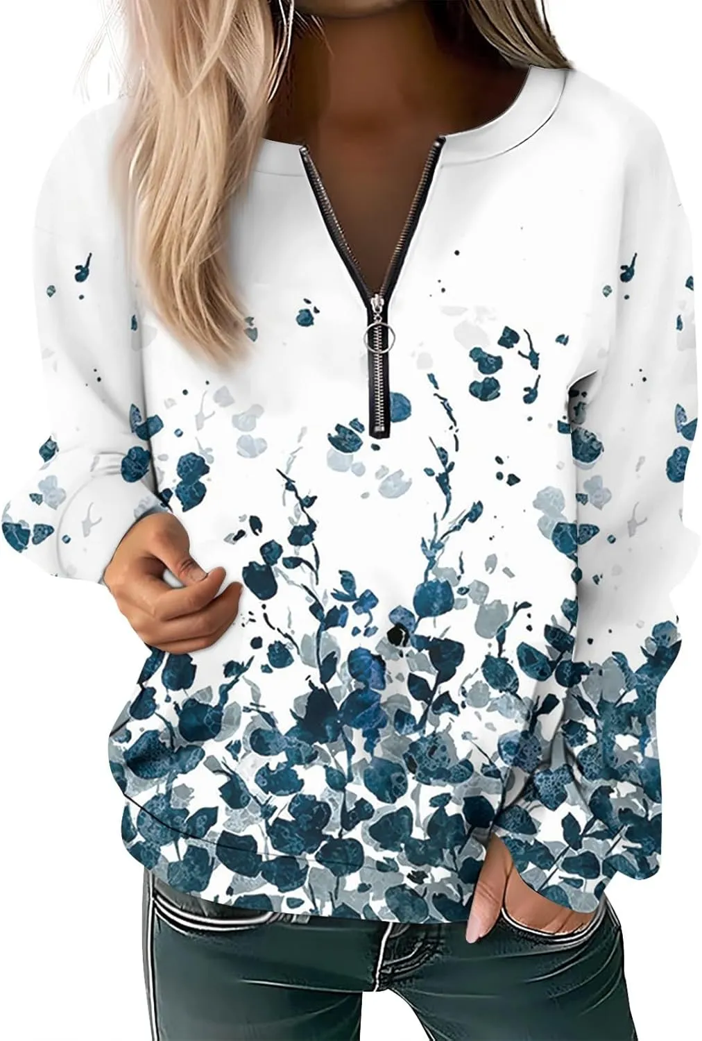 Women Floral Print Crew Neck Half Zip Long Sleeve Sweatshirt 2024 Casual Long Sleeve Tops Loose Fall Clothes