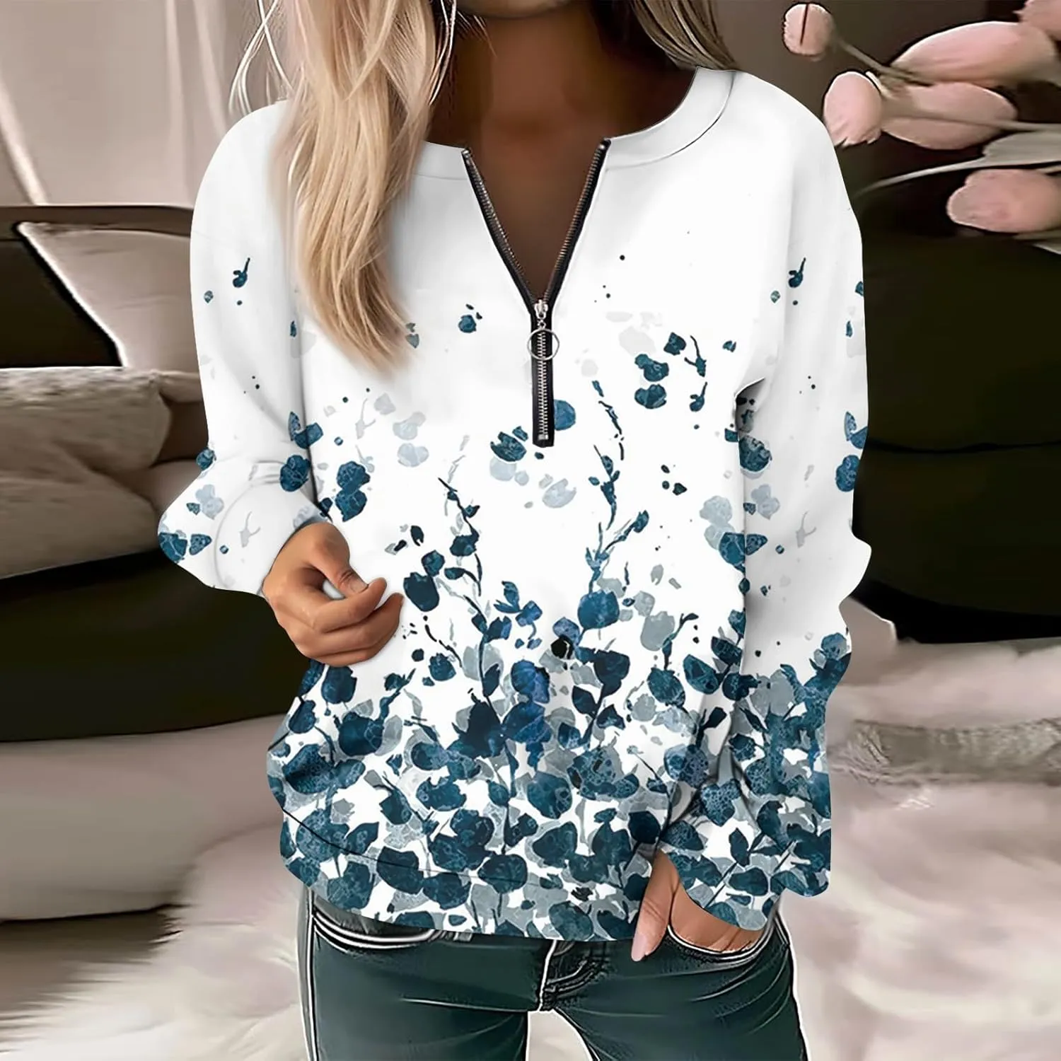 Women Floral Print Crew Neck Half Zip Long Sleeve Sweatshirt 2024 Casual Long Sleeve Tops Loose Fall Clothes