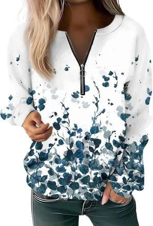 Women Floral Print Crew Neck Half Zip Long Sleeve Sweatshirt 2024 Casual Long Sleeve Tops Loose Fall Clothes