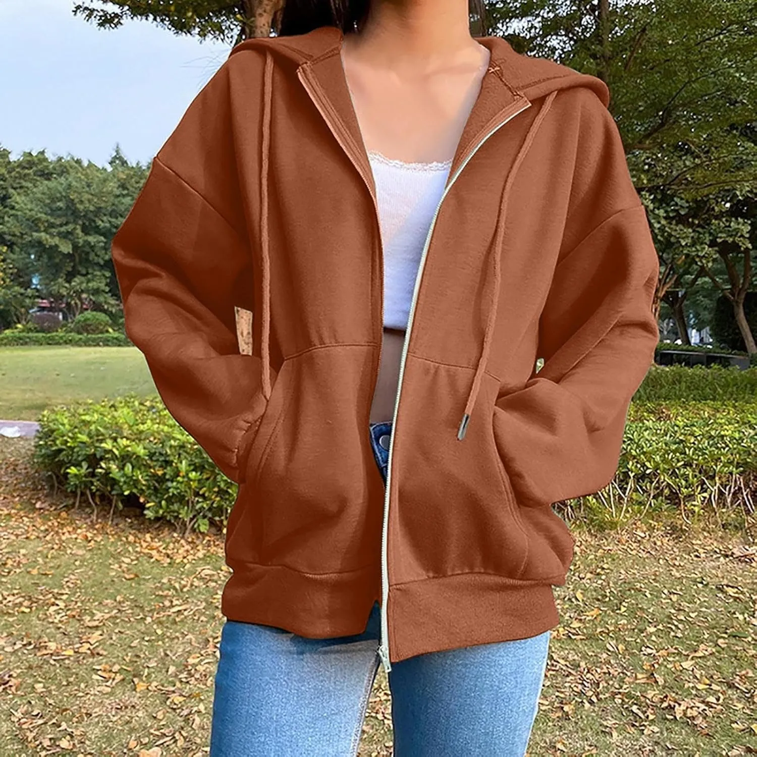 Women Hooded Full Zip Drawstring Sweatshirts Long Sleeve Oversized Casual Lightweight Jacket Winter Fashion Outfits