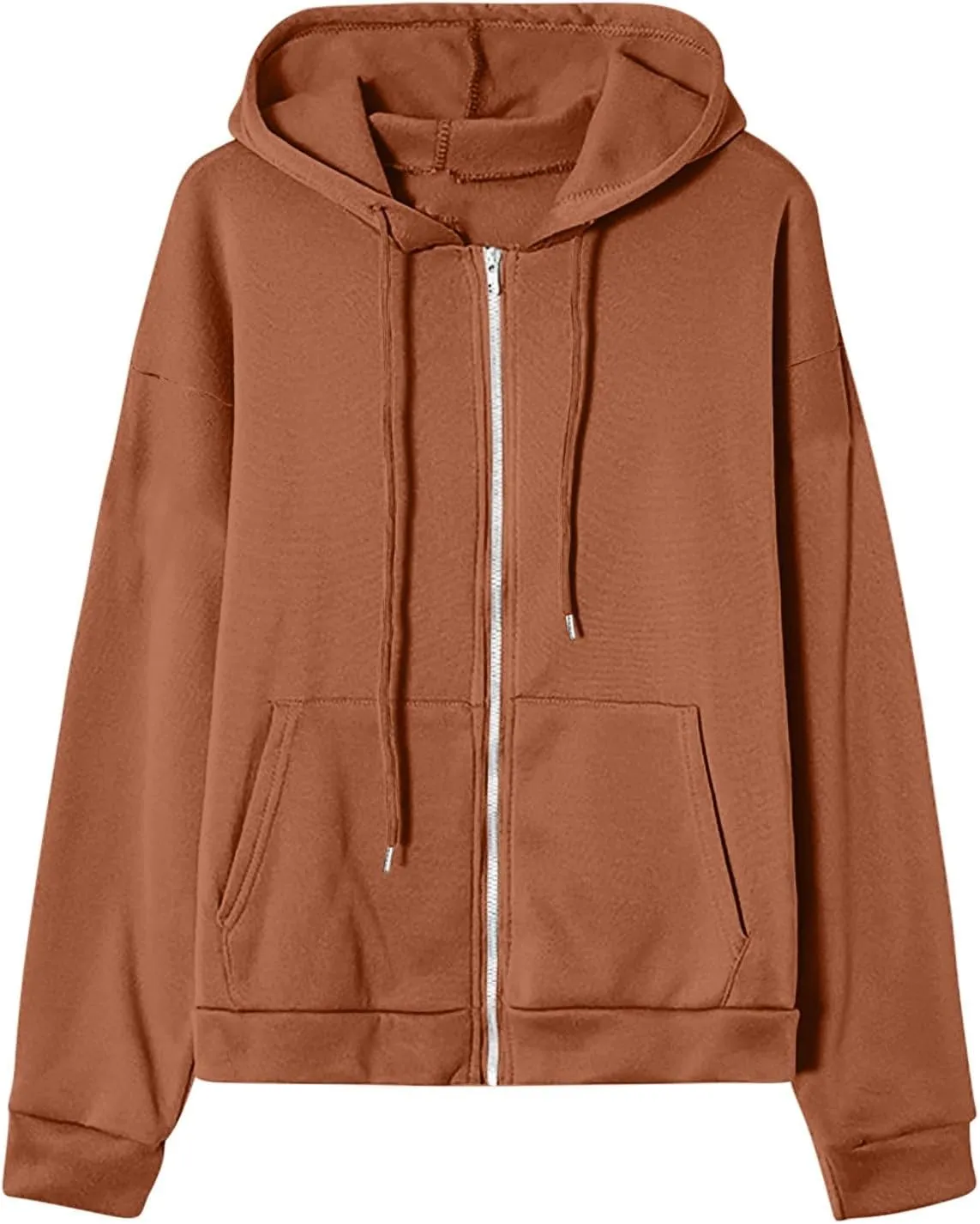 Women Hooded Full Zip Drawstring Sweatshirts Long Sleeve Oversized Casual Lightweight Jacket Winter Fashion Outfits