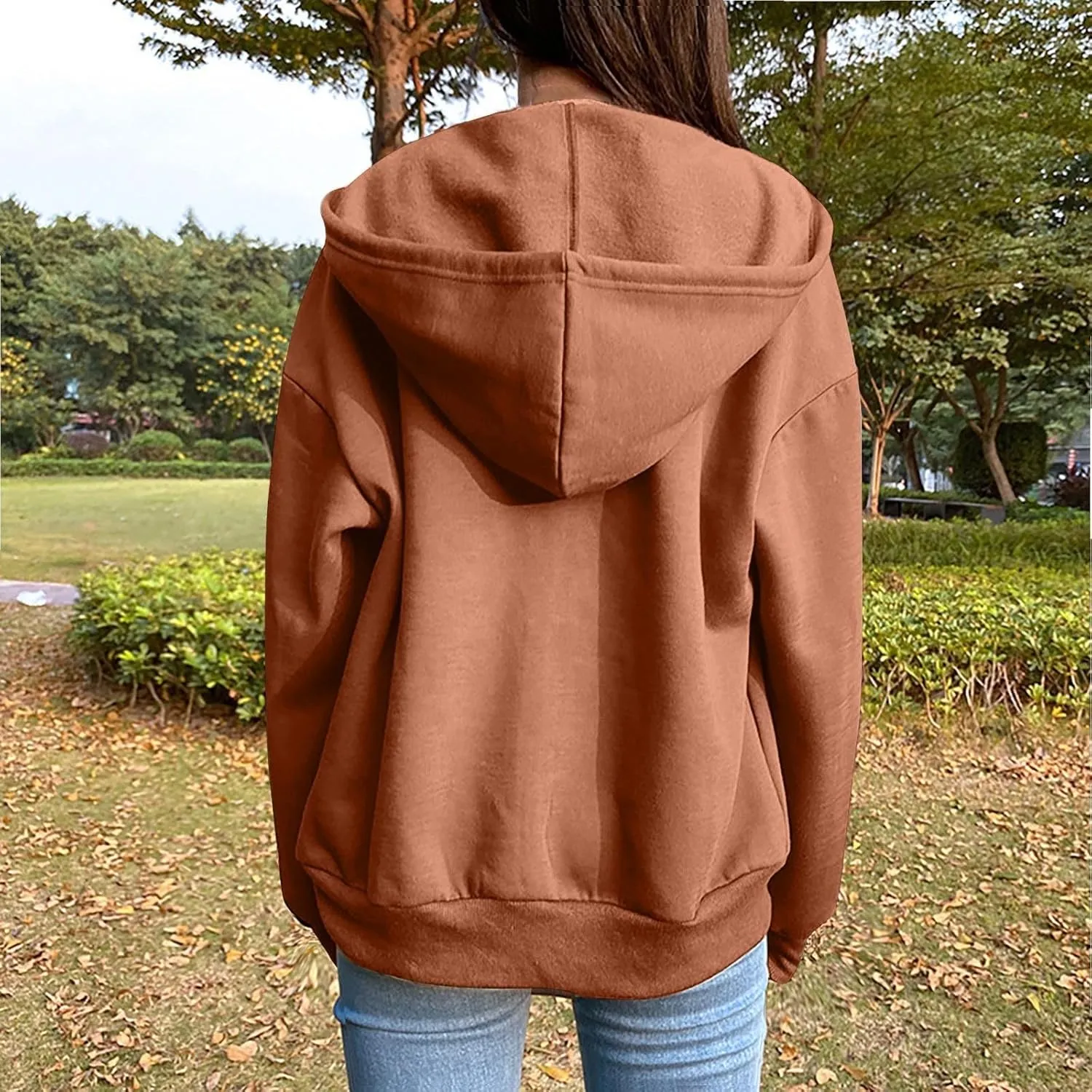 Women Hooded Full Zip Drawstring Sweatshirts Long Sleeve Oversized Casual Lightweight Jacket Winter Fashion Outfits
