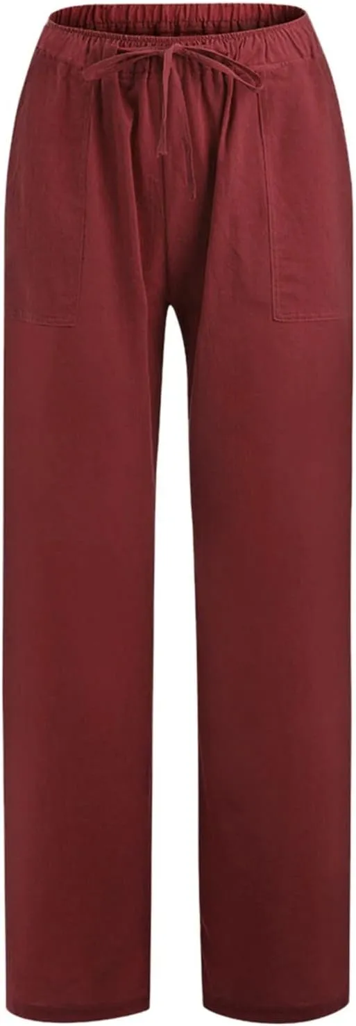 Women Linen Pants Dressy Casual Straight Leg High Elastic Waist Beach Trousers Trendy Drawstring Relaxed Fit Pant with Pocket