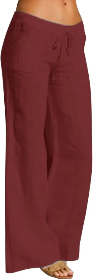 Women Linen Pants Dressy Casual Straight Leg High Elastic Waist Beach Trousers Trendy Drawstring Relaxed Fit Pant with Pocket