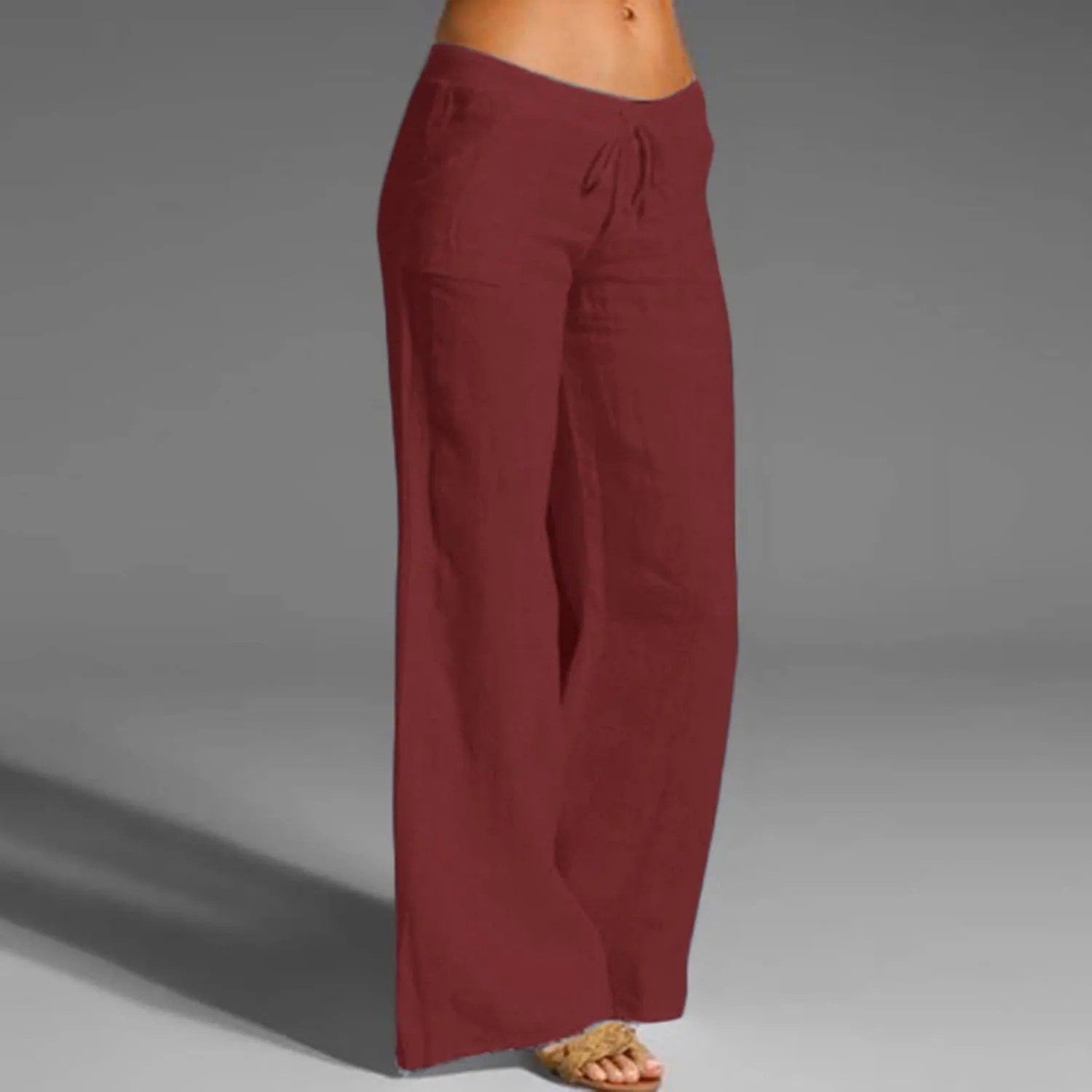 Women Linen Pants Dressy Casual Straight Leg High Elastic Waist Beach Trousers Trendy Drawstring Relaxed Fit Pant with Pocket