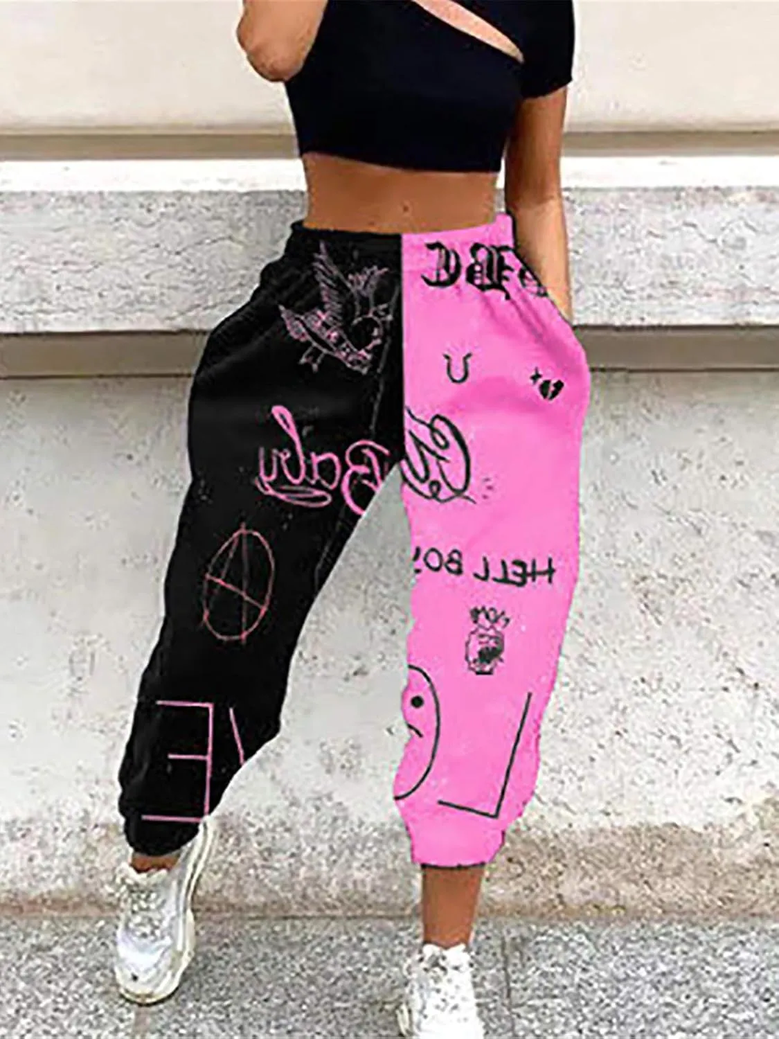 Women Printed Baggy Sweatpants Pockets High Waist Joggers Pants Contrast Color Sporty Athletic Lounge Trousers