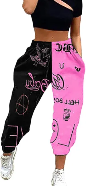 Women Printed Baggy Sweatpants Pockets High Waist Joggers Pants Contrast Color Sporty Athletic Lounge Trousers