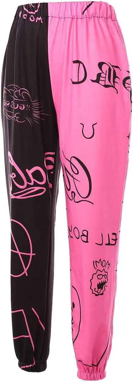 Women Printed Baggy Sweatpants Pockets High Waist Joggers Pants Contrast Color Sporty Athletic Lounge Trousers