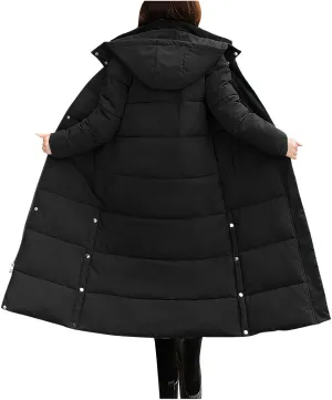 Women Winter Long Puffer Coat Hooded Zip up Casual Thickened down Jacket Trendy Warm Windproof Ski Clothes Outerwear