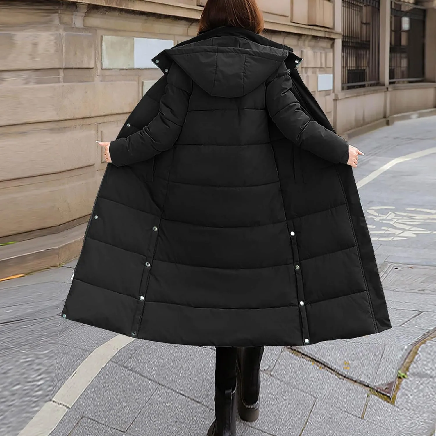 Women Winter Long Puffer Coat Hooded Zip up Casual Thickened down Jacket Trendy Warm Windproof Ski Clothes Outerwear