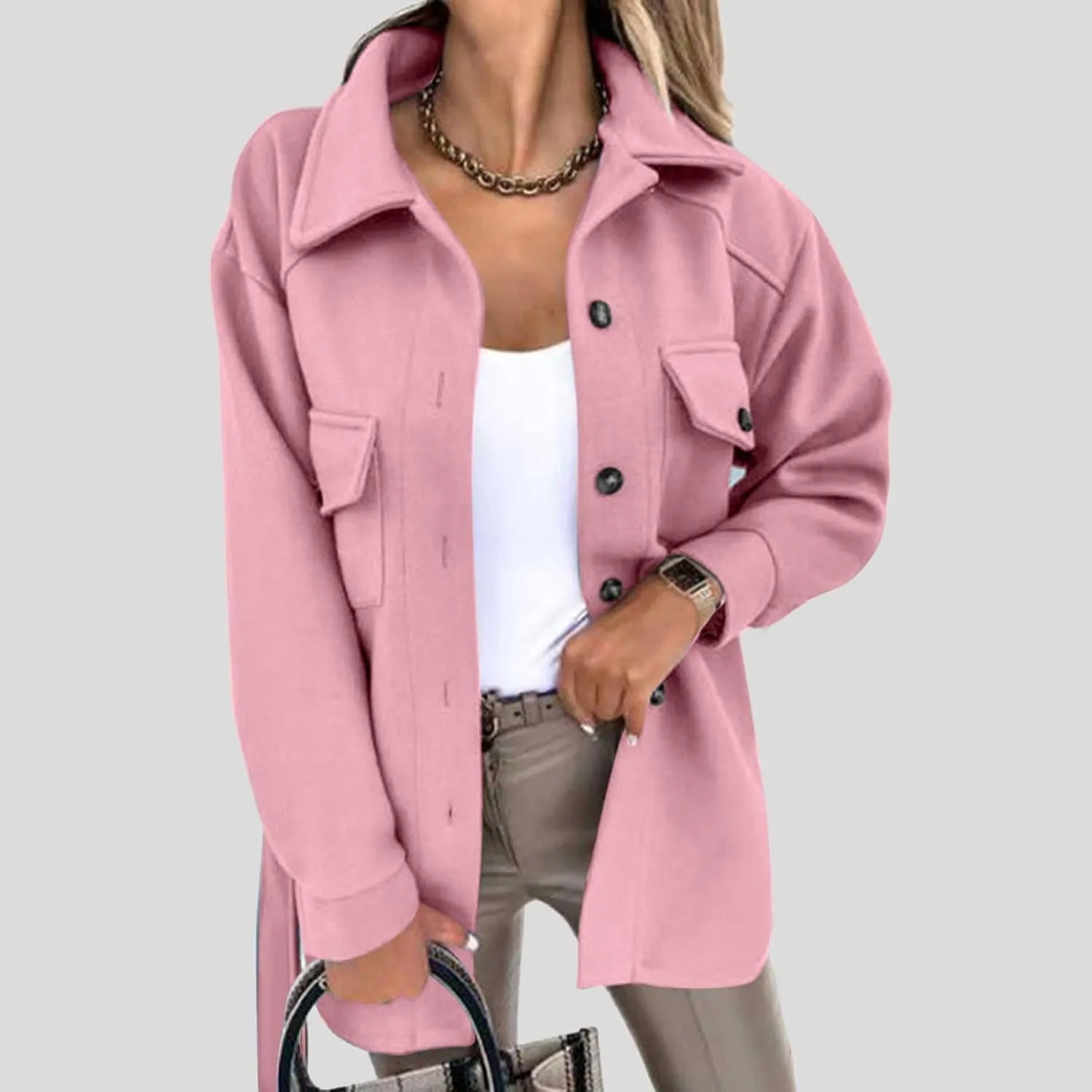Women's 2024 Oversized Wool Blend Coats Casual Long Sleeve Shacket Jacket Button down Fall Winter Coats with Pockets