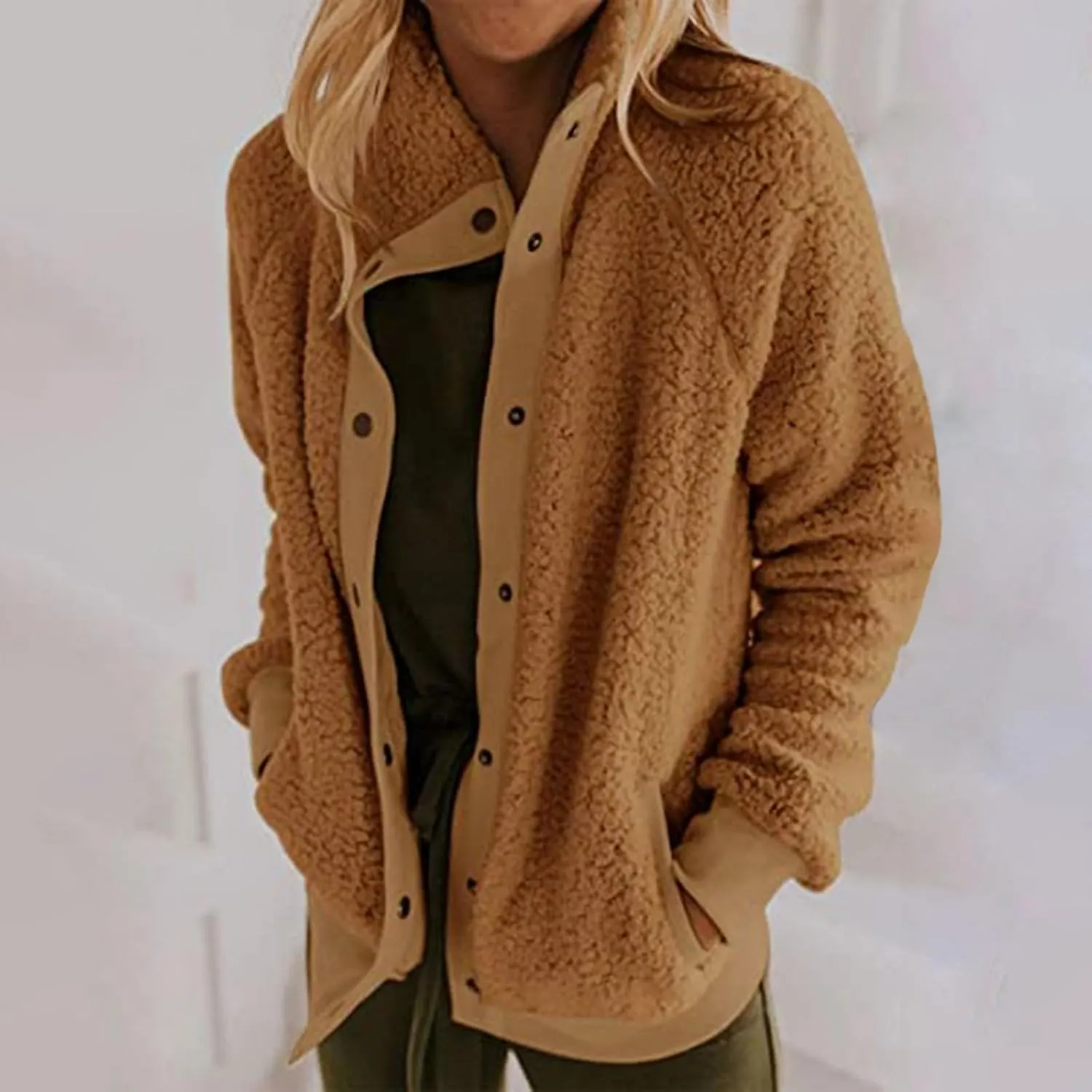 Women's 2024 Winter Warm Fleece Lined Jacket Long Sleeve Button Sherpa Jacket Coat with Pockets