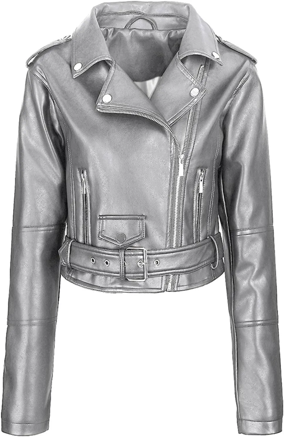 Womens Belted Faux Leather Moto Biker Jacket Classic Side Zipper Coat Outwear Casual Stylish Leather Cropped Jackets