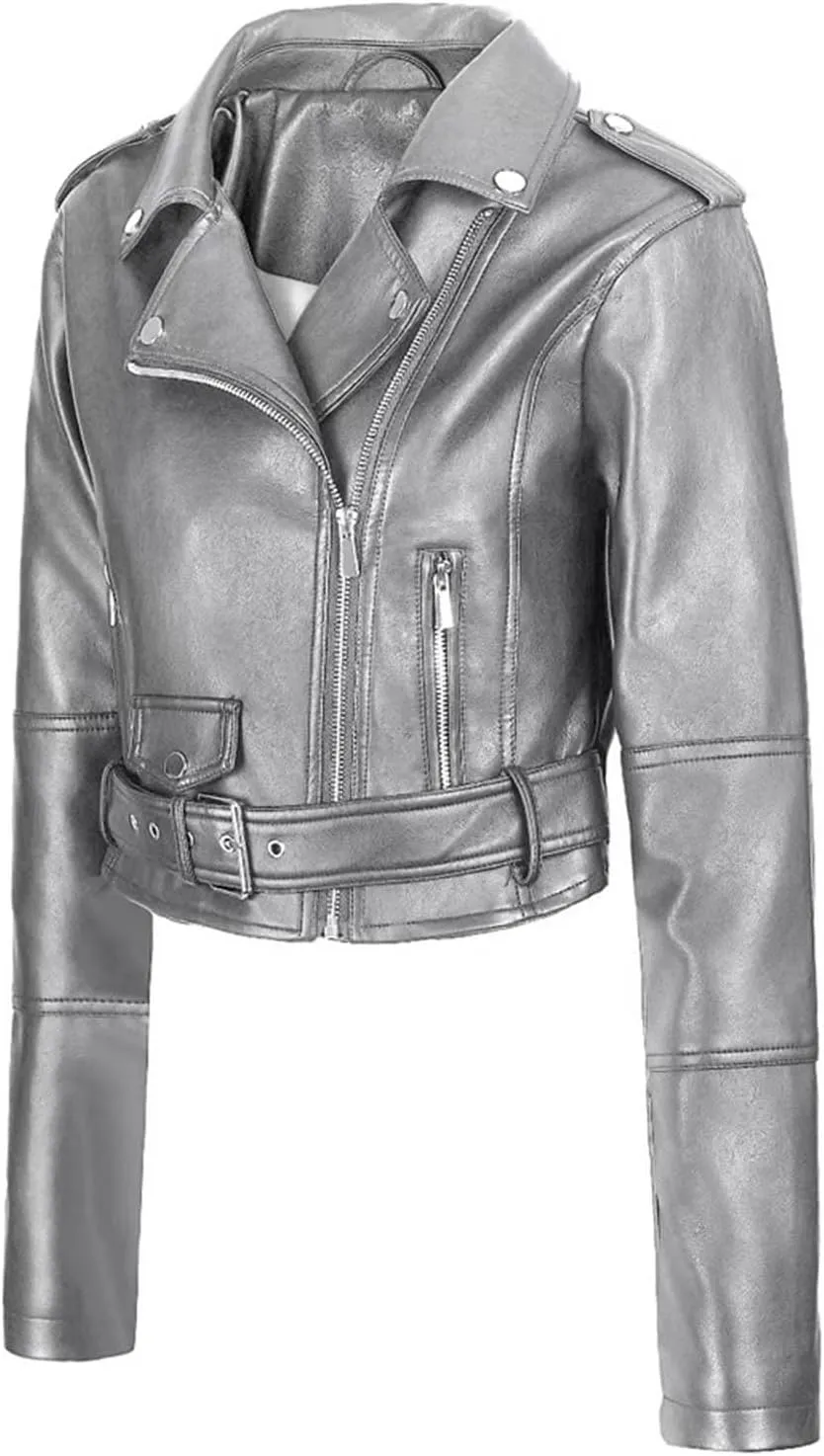 Womens Belted Faux Leather Moto Biker Jacket Classic Side Zipper Coat Outwear Casual Stylish Leather Cropped Jackets