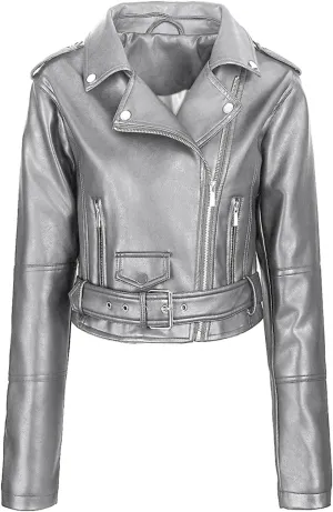 Womens Belted Faux Leather Moto Biker Jacket Classic Side Zipper Coat Outwear Casual Stylish Leather Cropped Jackets