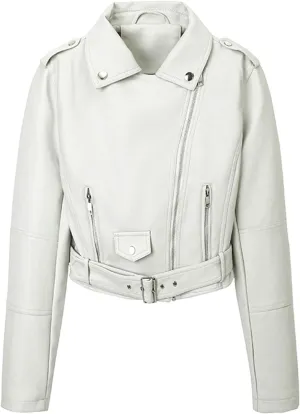 Womens Belted Faux Leather Moto Biker Jacket Classic Side Zipper Coat Outwear Casual Stylish Leather Cropped Jackets