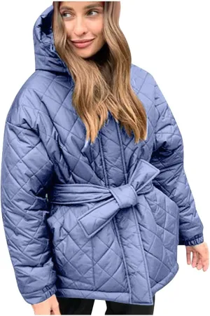 Women's Belted Quilted Puffer Jackets 2024 Trendy Down Coats With Hood Winter Warm Lightweight Outfits with Pockets