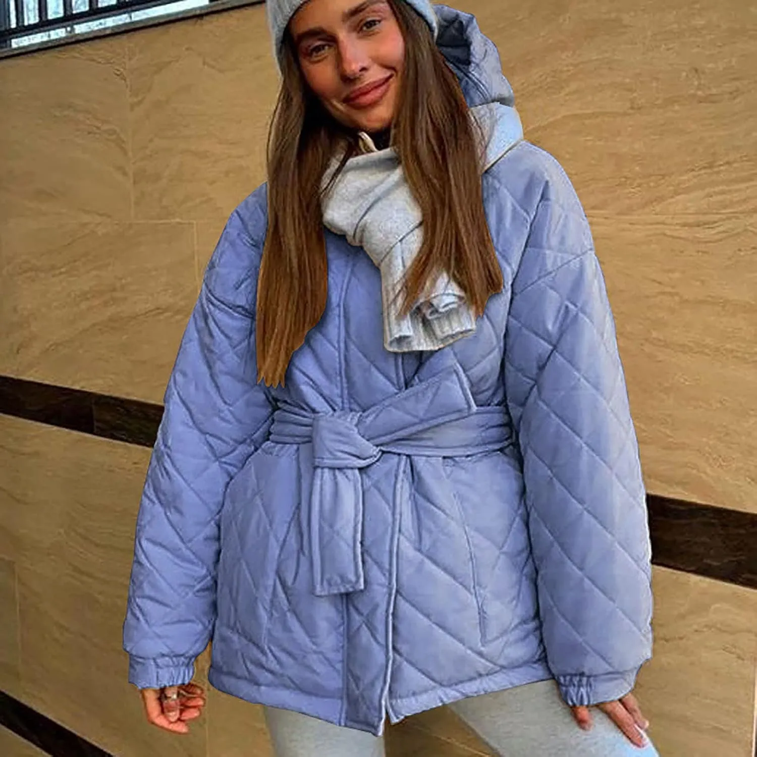 Women's Belted Quilted Puffer Jackets 2024 Trendy Down Coats With Hood Winter Warm Lightweight Outfits with Pockets