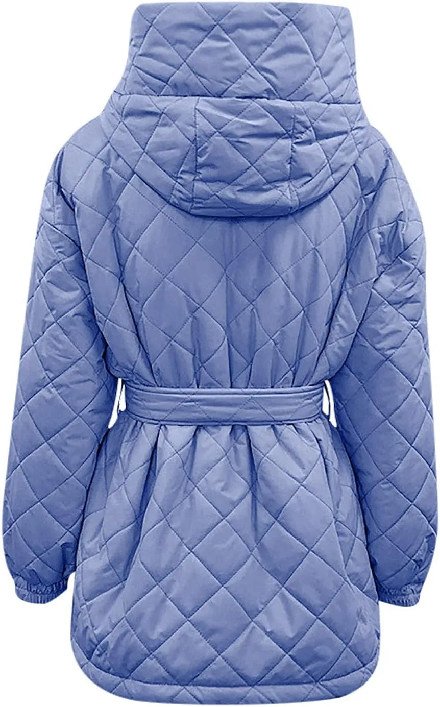 Women's Belted Quilted Puffer Jackets 2024 Trendy Down Coats With Hood Winter Warm Lightweight Outfits with Pockets