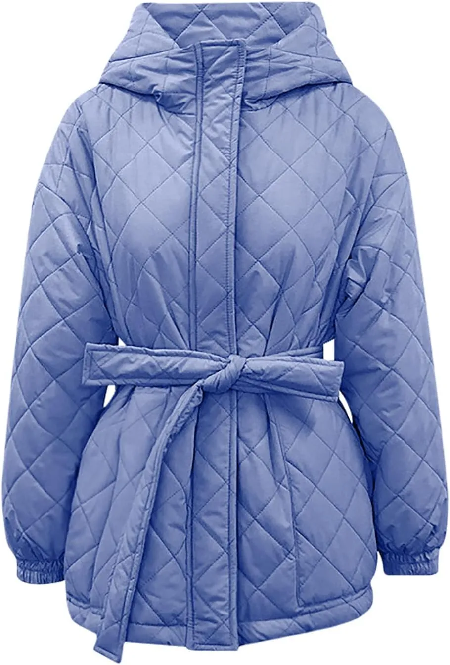 Women's Belted Quilted Puffer Jackets 2024 Trendy Down Coats With Hood Winter Warm Lightweight Outfits with Pockets