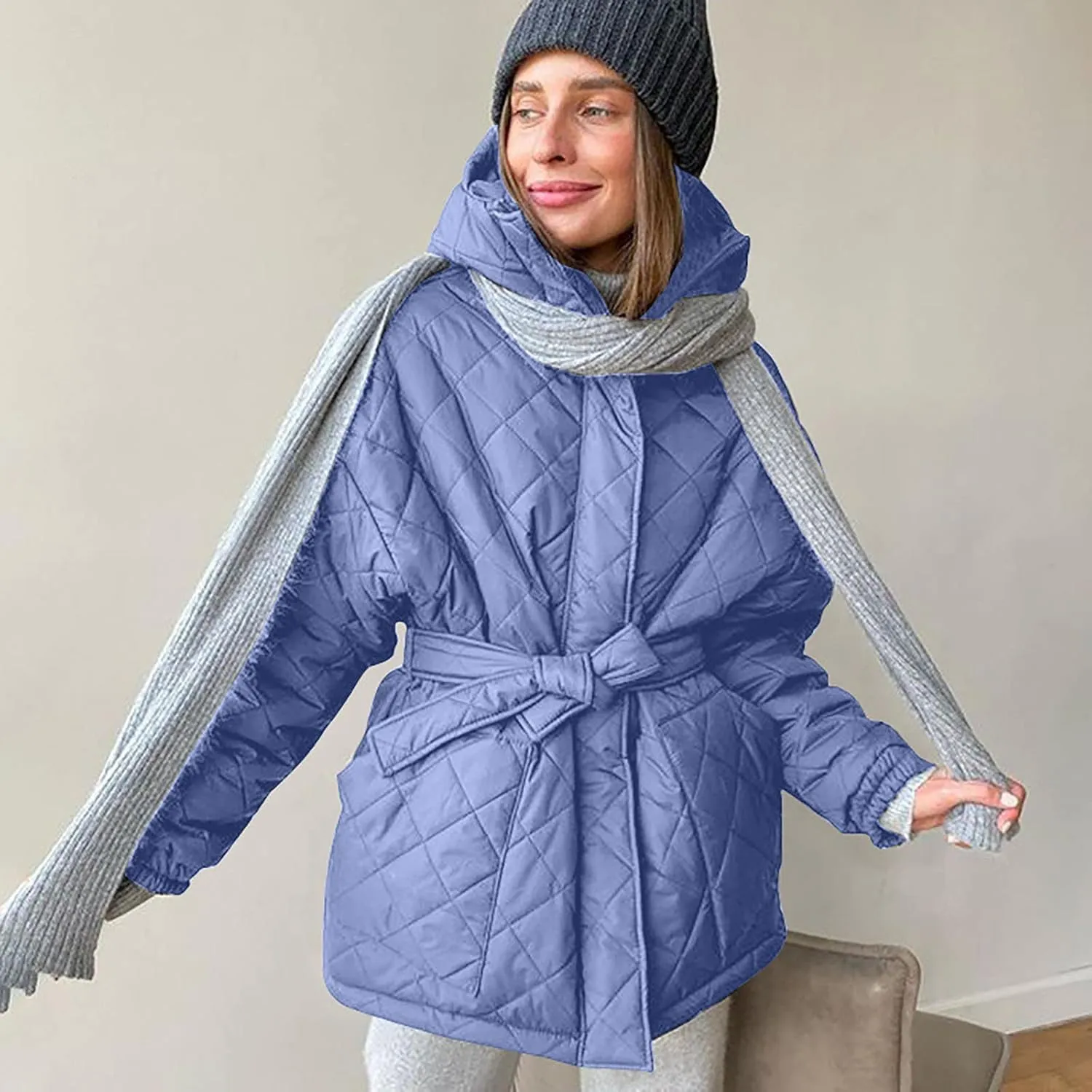 Women's Belted Quilted Puffer Jackets 2024 Trendy Down Coats With Hood Winter Warm Lightweight Outfits with Pockets