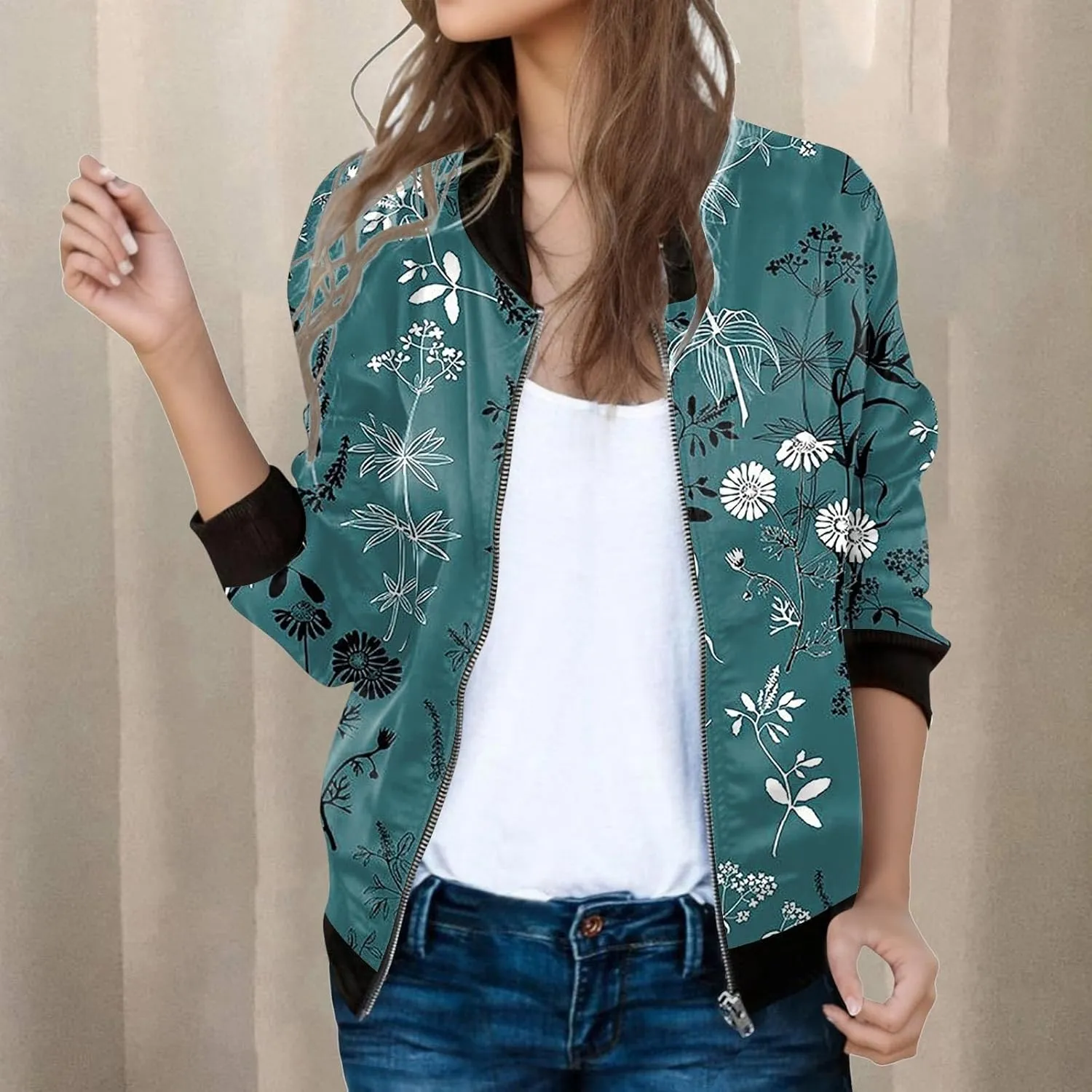 Womens Bomber Jackets Lightweight Full Zip Up Cropped Coats Fashion Windbreaker Outerwear Casual Fall Quilted Jacket