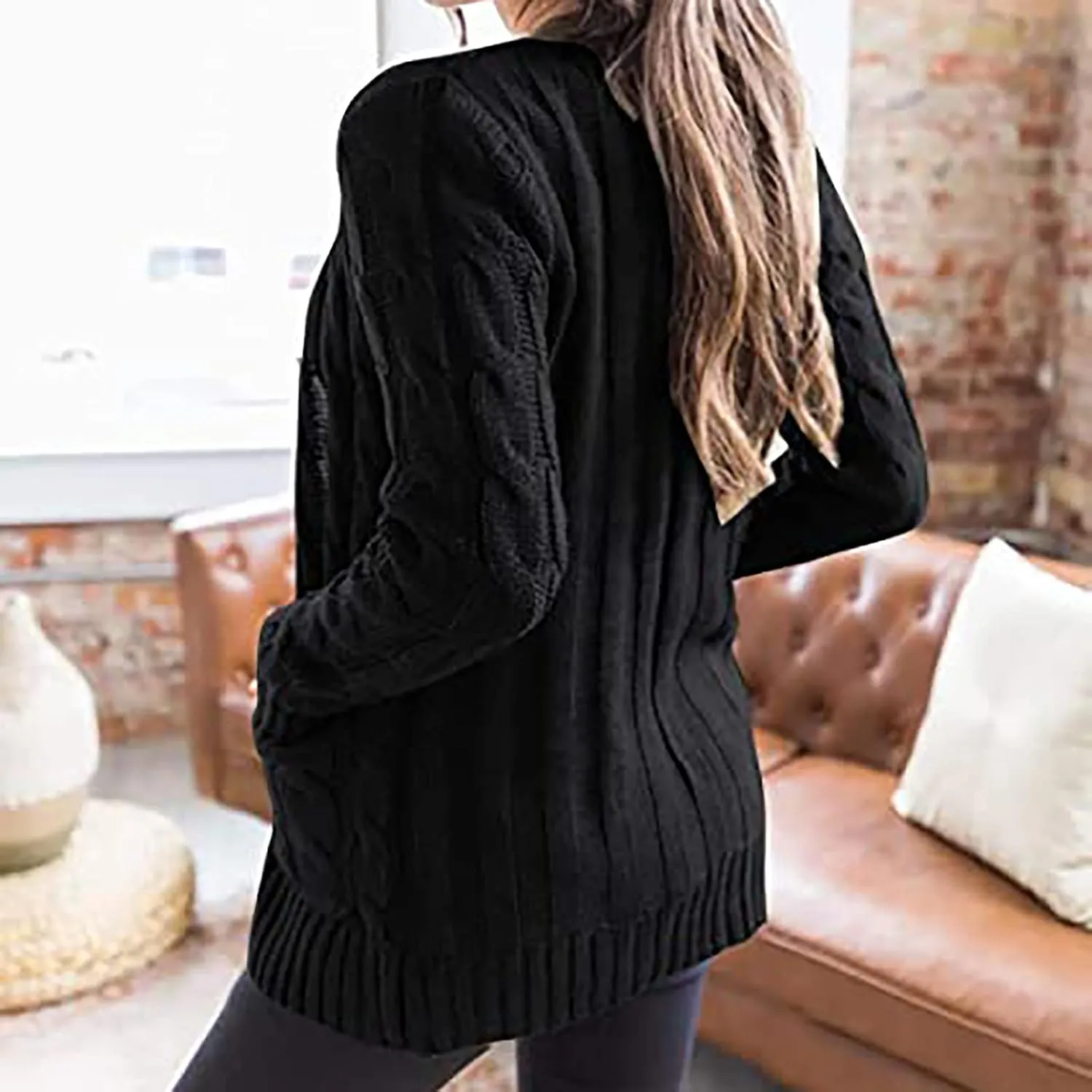 Womens Cable Knit Cotton Cardigan Sweaters Button V Neck Open Front Midi Sweater Jacket Winter Chunky Sweater Coat