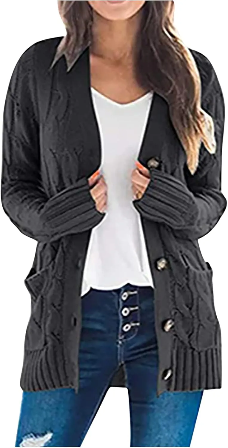 Womens Cable Knit Cotton Cardigan Sweaters Button V Neck Open Front Midi Sweater Jacket Winter Chunky Sweater Coat