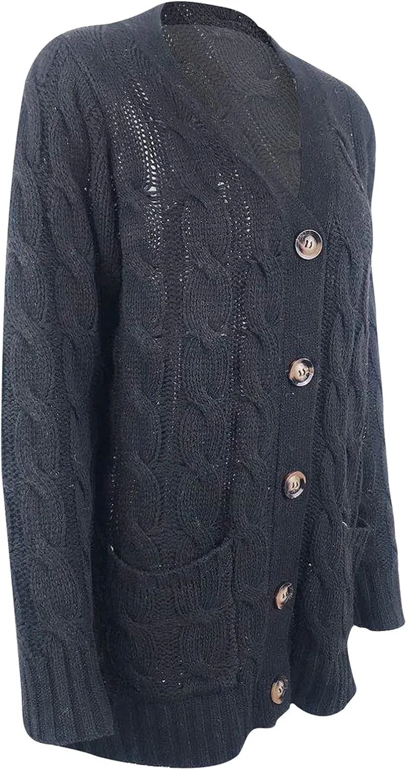 Womens Cable Knit Cotton Cardigan Sweaters Button V Neck Open Front Midi Sweater Jacket Winter Chunky Sweater Coat