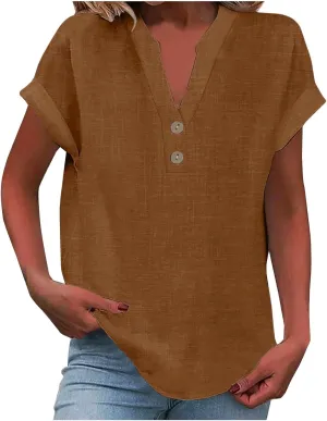 Womens Cotton Linen Blouse Short Sleeve Button V Neck Henley Shirts Lightweight Loose Fit Comfy Casual Summer T Shirt