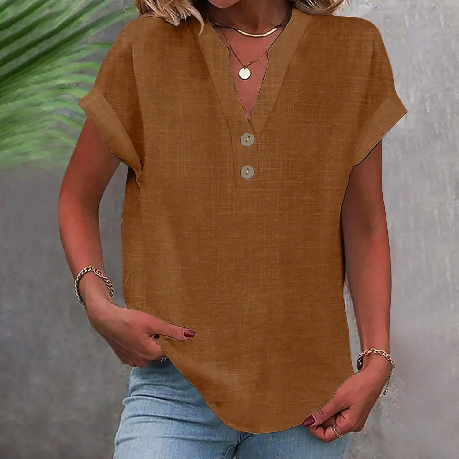 Womens Cotton Linen Blouse Short Sleeve Button V Neck Henley Shirts Lightweight Loose Fit Comfy Casual Summer T Shirt