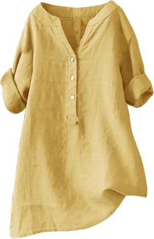 Womens Cotton Linen Shirts 2025 Gauze Short Sleeve V Neck Button Down Tops Vacation Travel Summer Beach Blouse Tunic