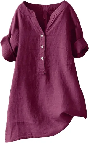 Womens Cotton Linen Shirts 2025 Gauze Short Sleeve V Neck Button Down Tops Vacation Travel Summer Beach Blouse Tunic