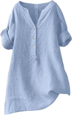 Womens Cotton Linen Shirts 2025 Gauze Short Sleeve V Neck Button Down Tops Vacation Travel Summer Beach Blouse Tunic