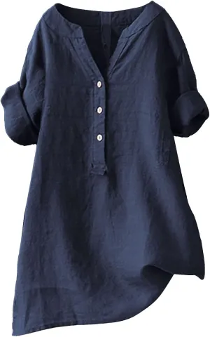 Womens Cotton Linen Shirts Solid 3/4 Sleeve Summer Vacation V Neck Tunic Tops Oversized Tshirts Casual Dressy Blouses