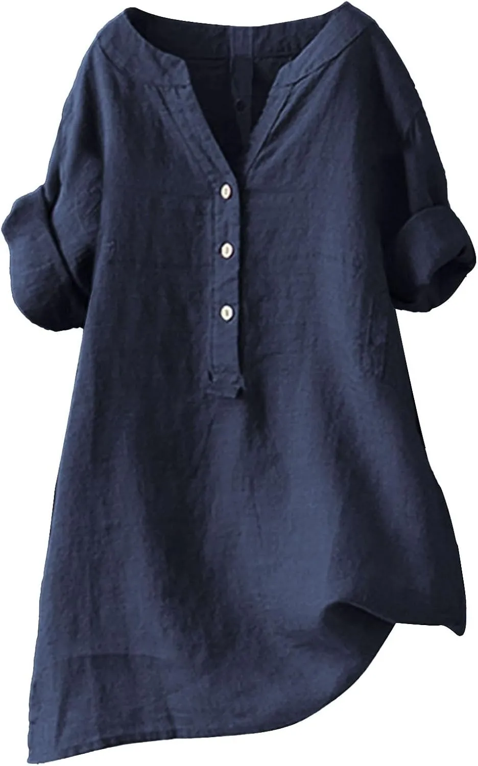 Womens Cotton Linen Shirts Solid 3/4 Sleeve Summer Vacation V Neck Tunic Tops Oversized Tshirts Casual Dressy Blouses