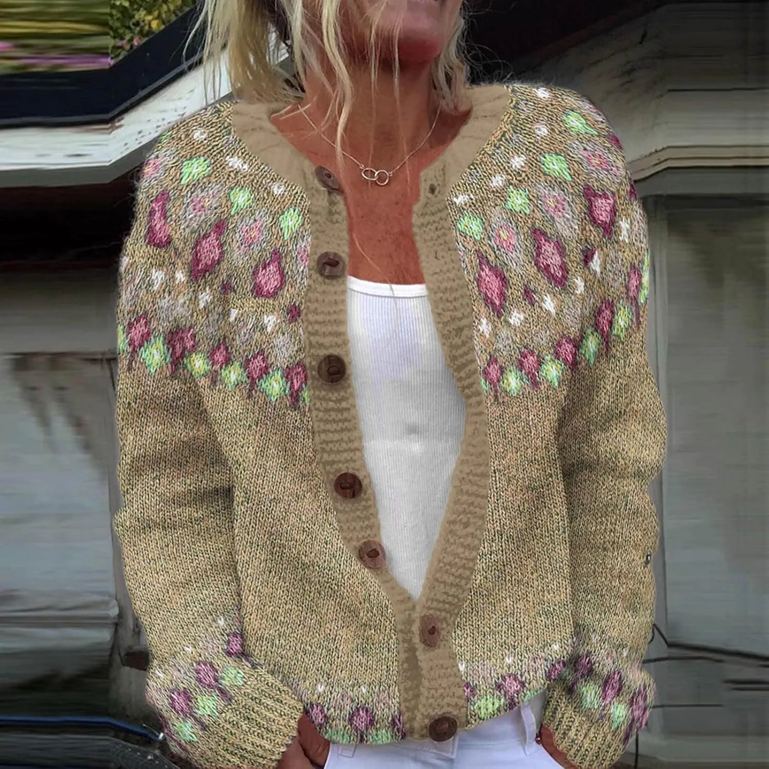 Womens Fair Isle Cardigan Sweater 2024 Vintage Graphic Chunky Knit Button Down Sweaters Fall Winter Oversized Jumpers