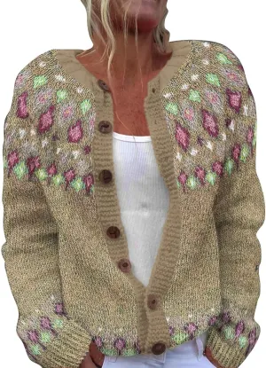 Womens Fair Isle Cardigan Sweater 2024 Vintage Graphic Chunky Knit Button Down Sweaters Fall Winter Oversized Jumpers