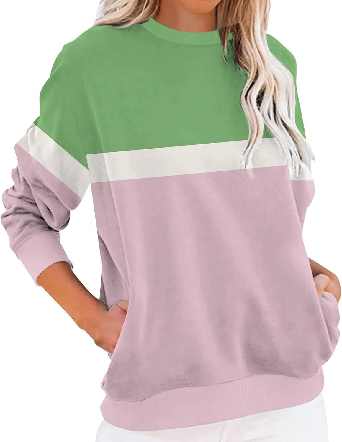 Women's Fashion Casual Long Sleeve T-Shirt Top Printed Stripe with Pocket Sweatshirt Pullover