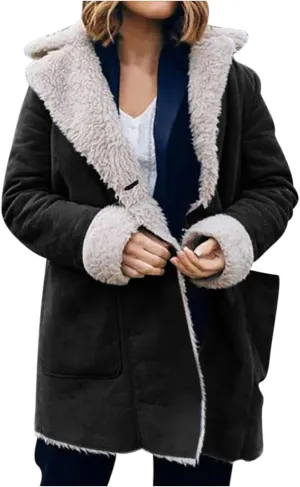 Womens Fleece Lined Jackets 2024 Winter Suede Coats Thickened Warm Sherpa Pea Coats Notch Lapel Vintage Outerwear