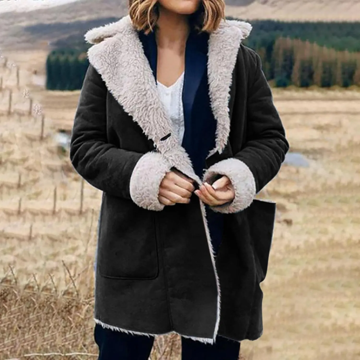 Womens Fleece Lined Jackets 2024 Winter Suede Coats Thickened Warm Sherpa Pea Coats Notch Lapel Vintage Outerwear
