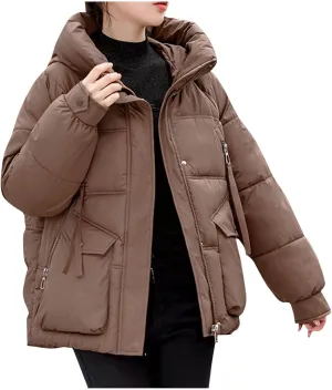 Women's Heavyweight Puffer Coat Baggy Short Down Jacket Zipper Thick Stand Collar Hooded Pockets Casual Winter Coats