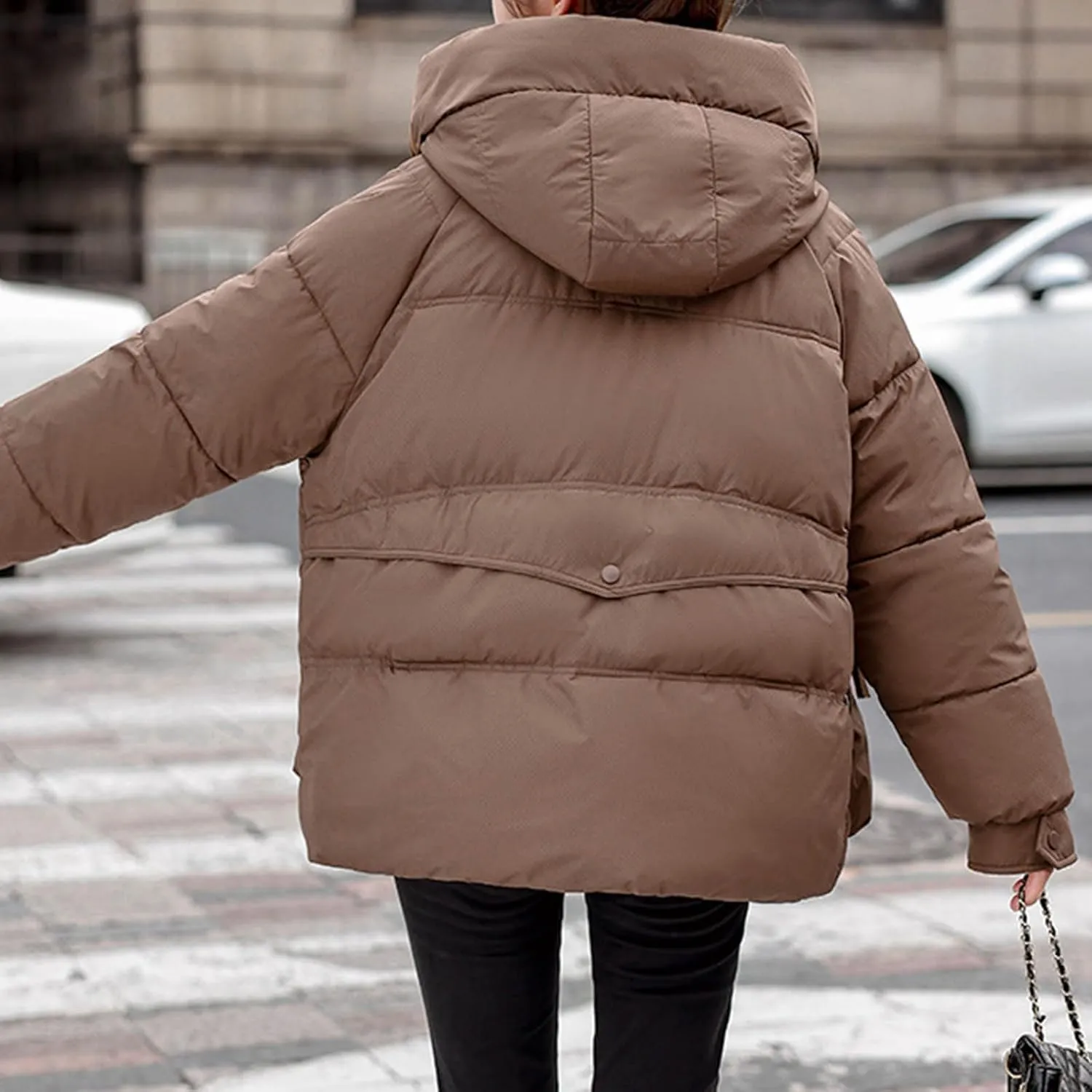 Women's Heavyweight Puffer Coat Baggy Short Down Jacket Zipper Thick Stand Collar Hooded Pockets Casual Winter Coats