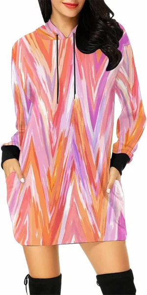 Womens Hoodies Bright Summer Zig Zag Tie Dye Bleed Womens Sweatshirt Dress Long Sleeve Hoodies Mini Dresses Casual Hoodie