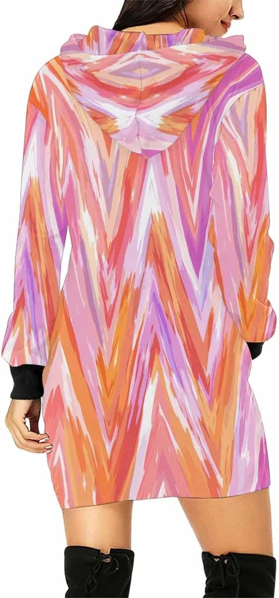Womens Hoodies Bright Summer Zig Zag Tie Dye Bleed Womens Sweatshirt Dress Long Sleeve Hoodies Mini Dresses Casual Hoodie