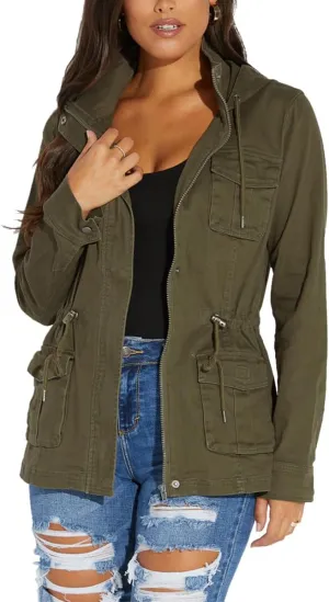 Womens Lightweight Cargo Hooded Army Fatigue Jacket Military Anorak Outwear Utility Jackets Coat