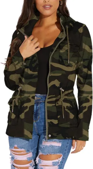 Womens Lightweight Cargo Hooded Army Fatigue Jacket Military Anorak Outwear Utility Jackets Coat