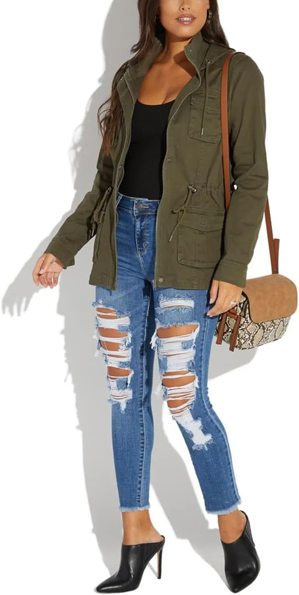 Womens Lightweight Cargo Hooded Army Fatigue Jacket Military Anorak Outwear Utility Jackets Coat