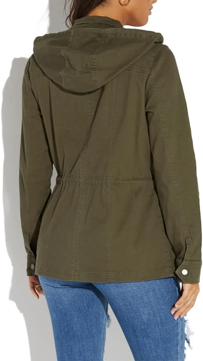 Womens Lightweight Cargo Hooded Army Fatigue Jacket Military Anorak Outwear Utility Jackets Coat